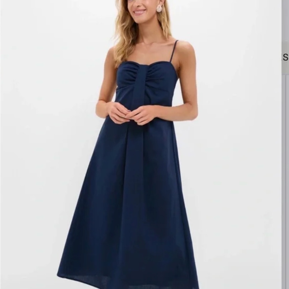 Navy Linen Front pleated Zoe Midi Dress